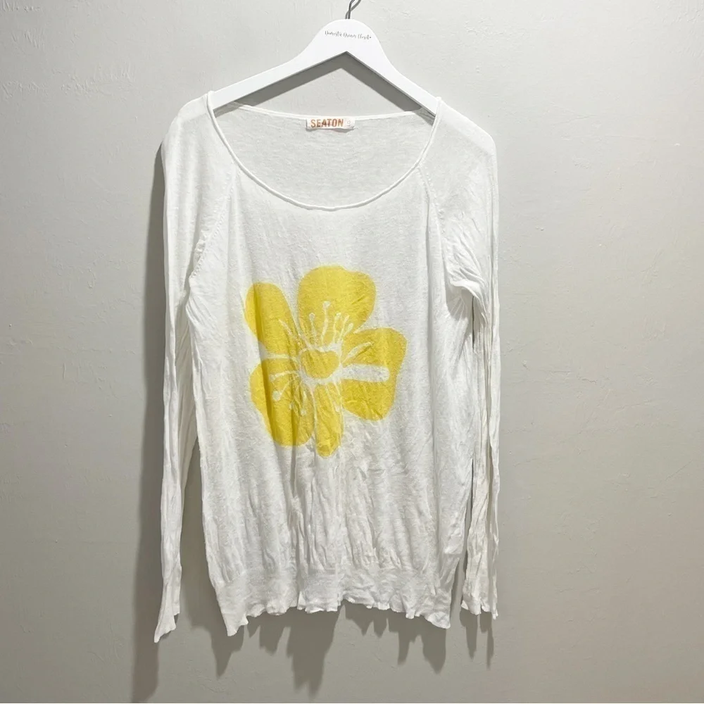 SEATON REVOLVE Women’s Intarsia Knit Yellow Ivory Flower Sweater Linen Blend L - Picture 1 of 8